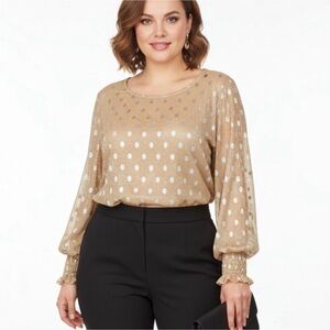 Adrianna Papell Gold Metallic Polka Dot Blouse